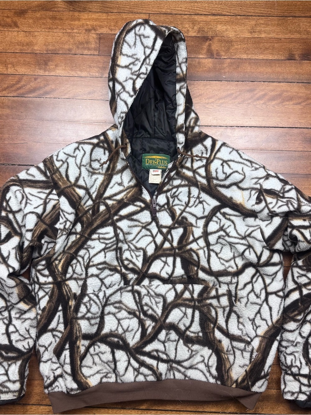 Vintage Cabela’s Dry-Plus Hooded Fleece Pullover in Treebark Snow Camo